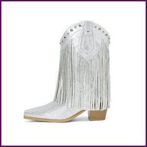 Women's Rhinestone Fringe Cowboy Ankle Boots Pointed Toe Chunky Heel